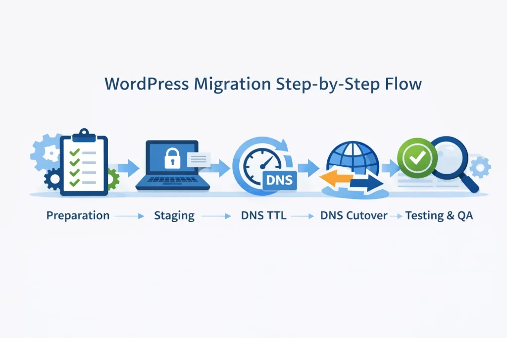 WordPress site migration checklist with staging, DNS cutover, and QA steps