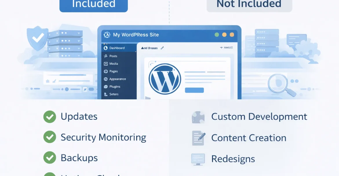 WordPress support services showing what’s included and excluded in a care plan