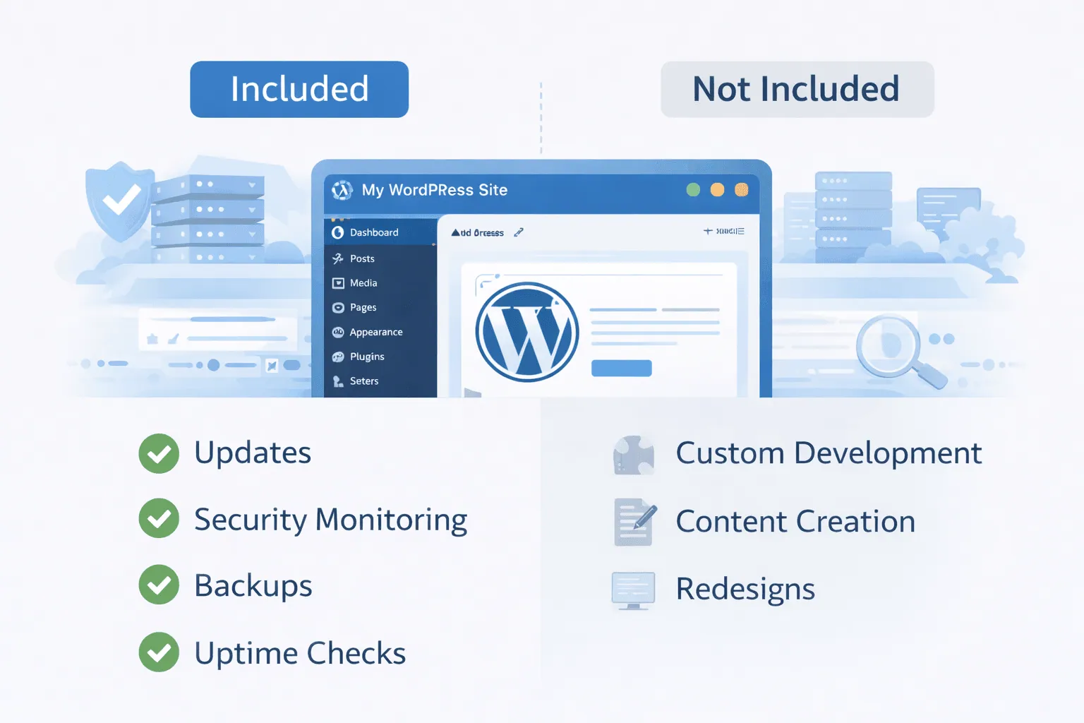 WordPress support services showing what’s included and excluded in a care plan