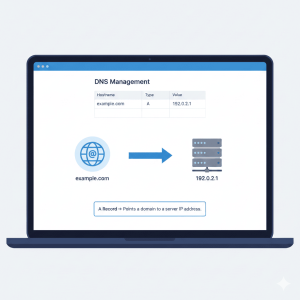 A clean, flat vector illustration on a laptop screen showing a DNS management interface. A globe icon labeled "example.com" has a blue arrow pointing to a server rack icon labeled "192.0.2.1", with a caption explaining that an A Record points a domain to a server IP address.