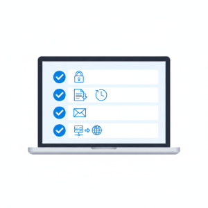 Minimal vector illustration showing DNS migration preparation steps with icons for domain security, backup, TTL timing, email records, and nameserver configuration