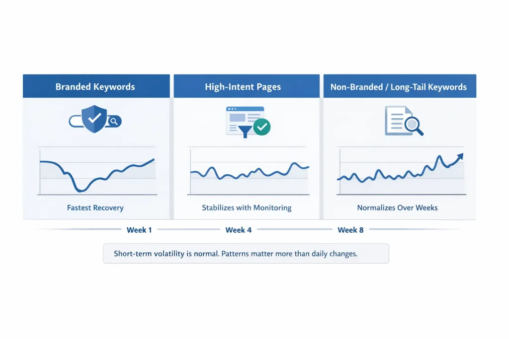Ongoing keyword tracking and SEO performance monitoring help separate normal post-migration volatility from real ranking issues.