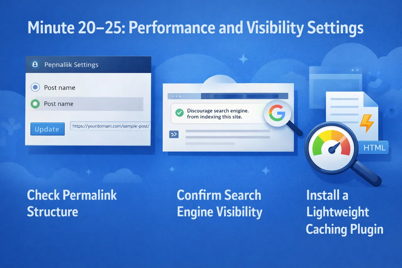 WordPress performance and visibility settings showing permalink structure, search engine indexing, and caching setup