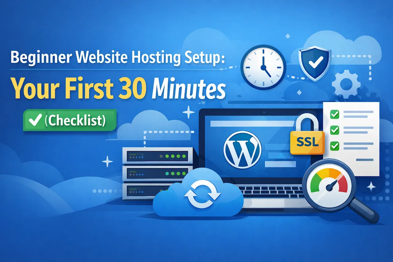 Beginner website hosting setup checklist showing WordPress, SSL, and hosting configuration steps