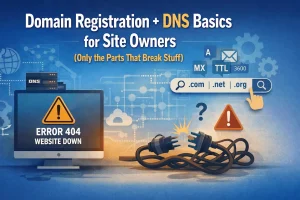 Domain and DNS troubleshooting illustration showing an Error 404 screen, DNS server icons, domain search bar, and disconnected cables to represent common website issues