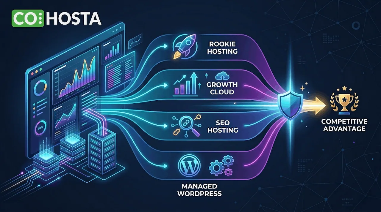 Infographic comparing Rookie, Growth Cloud, SEO, and Managed WordPress hosting architectures from CoHosta.