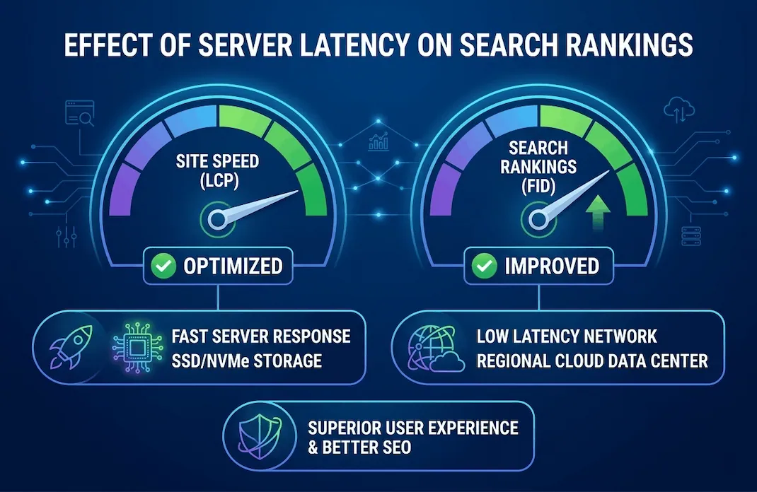 A technical infographic visualizes the impact of server latency on search rankings, highlighting that CoHosta SSD/NVMe storage and high-speed network backbones directly optimize LCP and FID for better SEO.