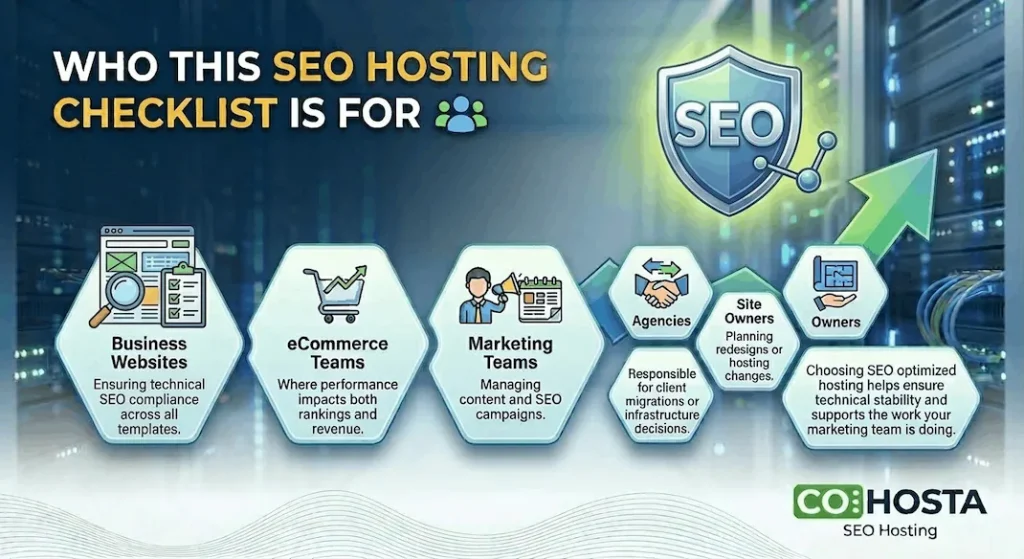 Infographic illustrating who the SEO hosting checklist is for, including business websites, eCommerce teams, marketing agencies, and site owners.