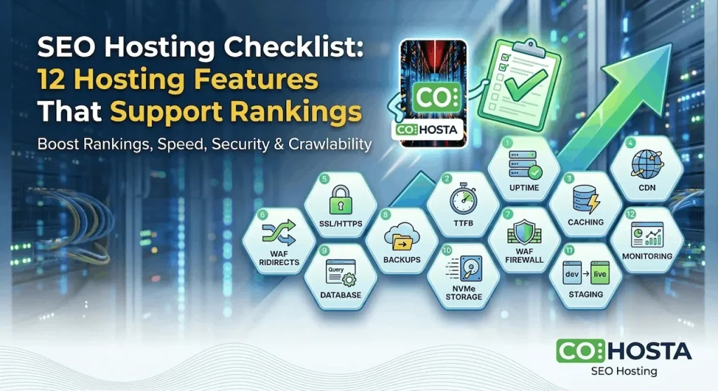 Infographic showing a 12-point SEO hosting checklist including TTFB, Uptime, and NVMe storage features by CoHosta