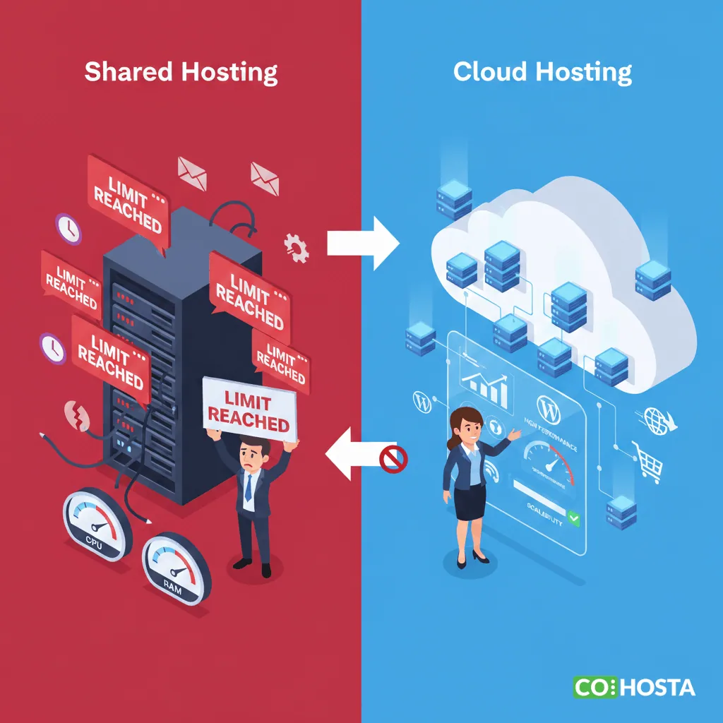 A visual guide explaining when to upgrade to cloud hosting, showing a technical performance comparison between a limited shared server and a scalable cloud environment.