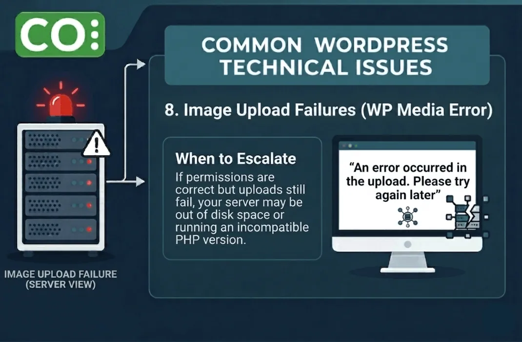Troubleshooting guide for WordPress image upload errors showing server issues and escalation steps.