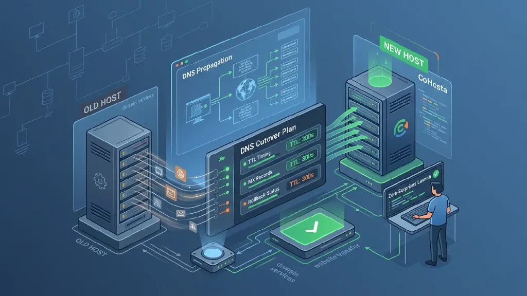 Technical diagram of a DNS cutover plan showing website migration from an old host to CoHosta with TTL timing and MX record verification.