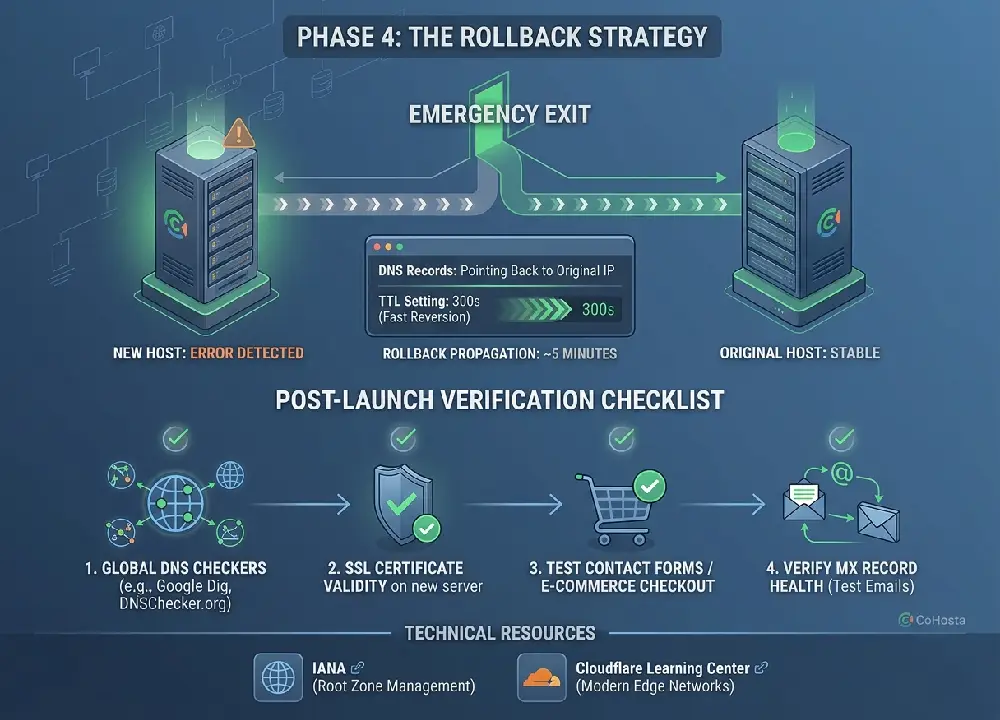 Technical diagram of a DNS rollback strategy showing traffic reverting from an error-prone new server to a stable original host, alongside a post-launch verification checklist for SSL and MX records.