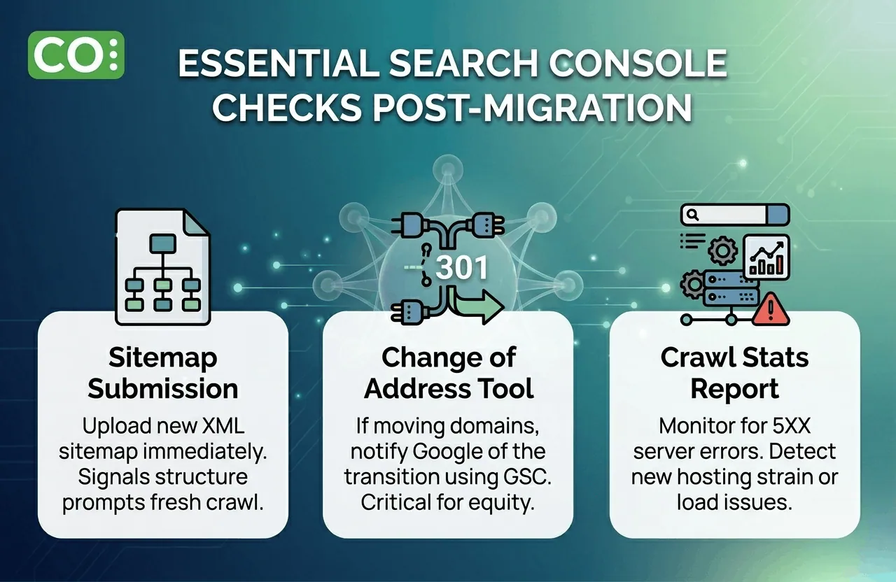 Infographic from CoHosta detailing three critical Google Search Console checks after a website transfer: Sitemap Submission, Change of Address Tool, and Crawl Stats Report.