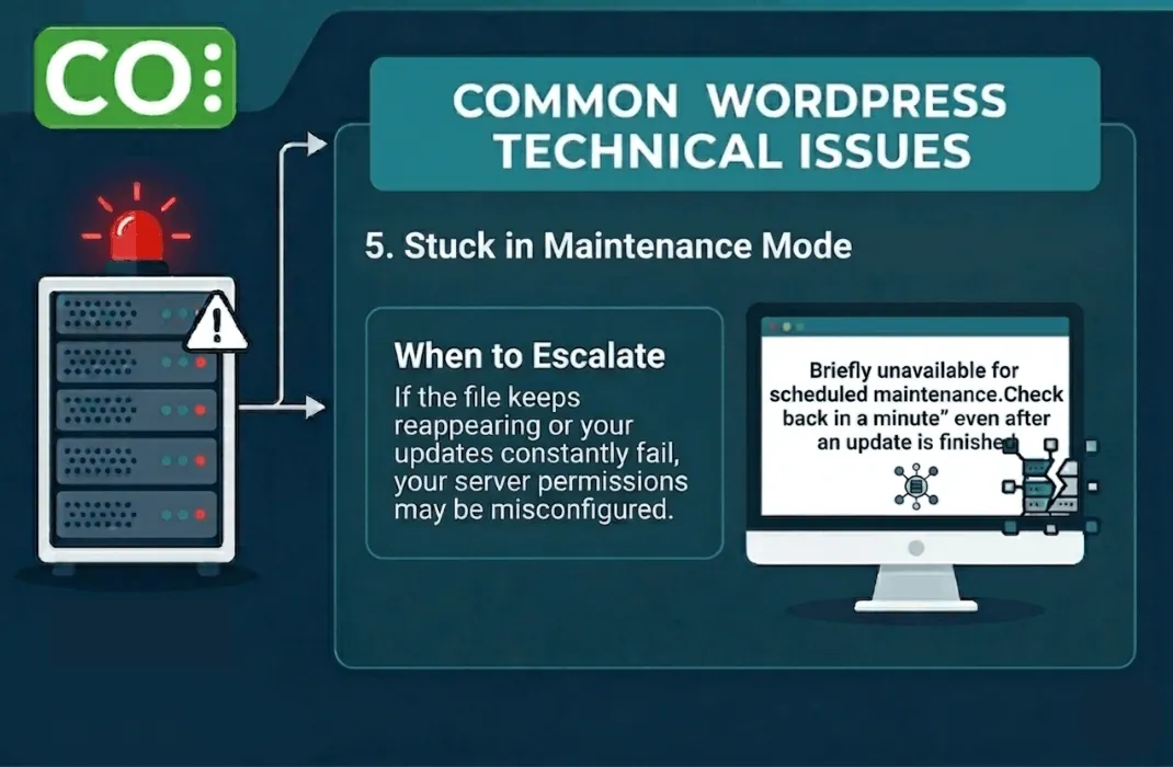 Troubleshooting guide for WordPress stuck in maintenance mode showing server errors and escalation steps.