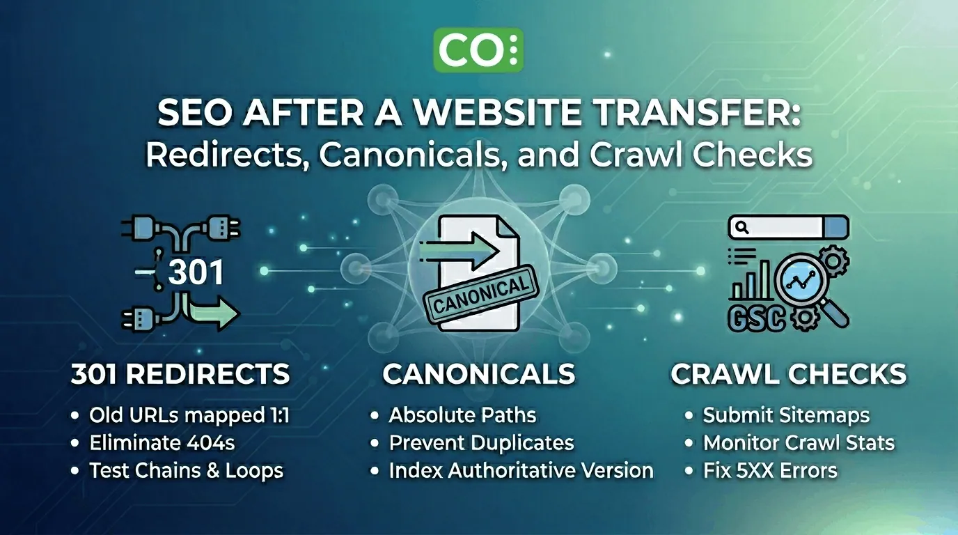 A technical infographic detailing post-migration SEO steps including 301 redirects, canonical tags, and Google Search Console checks.
