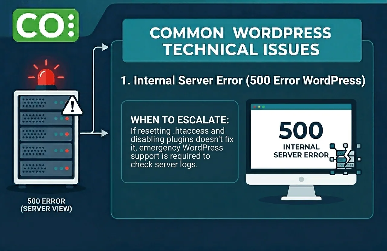 Infographic explaining WordPress 500 Internal Server Error symptoms and causes.
