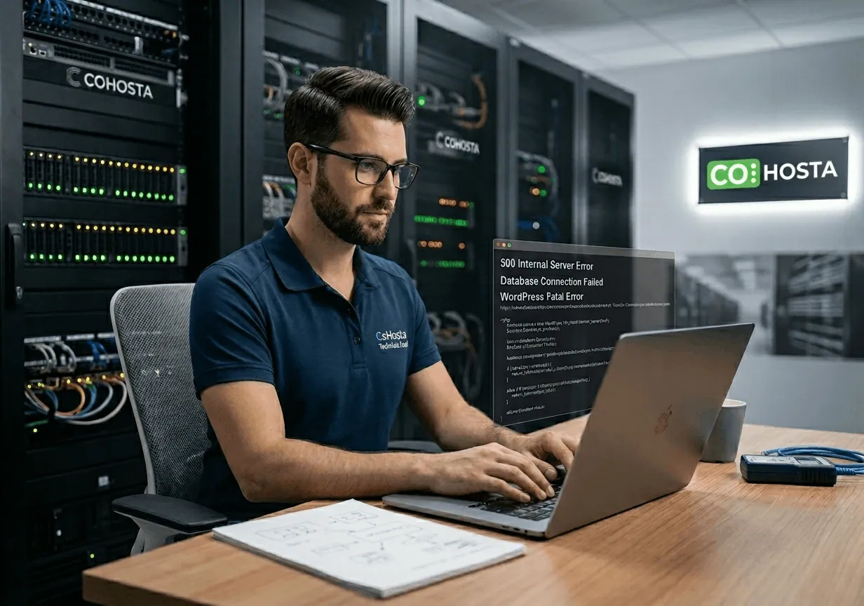 Male technical lead at CoHosta troubleshooting WordPress 500 internal server errors in a data center.