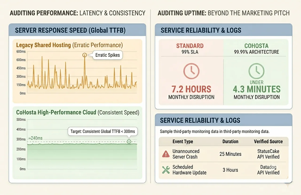Infographic comparing hosting speed logs and reliability audits.