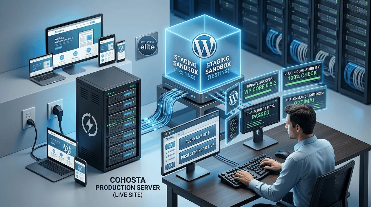 Isometric view of a developer managing a WordPress staging and live site server environment.