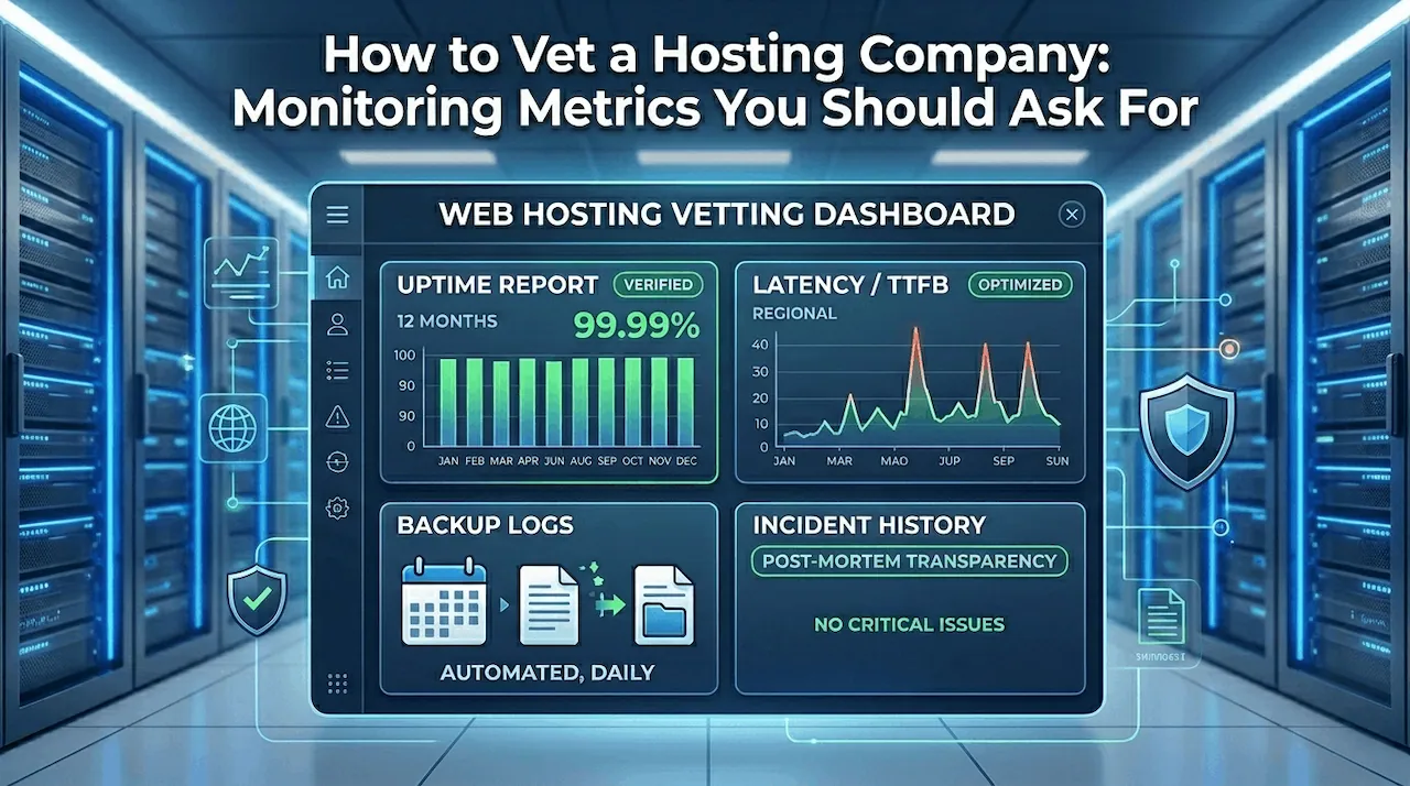 A digital interface detailing how to vet a hosting company using critical metrics like uptime reports, latency graphs, backup logs, and incident history.