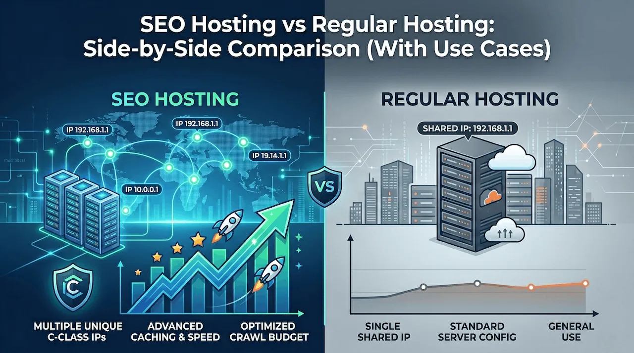 A vector infographic comparing SEO hosting (multiple C-Class IPs, speed, crawl budget) with Regular Hosting (shared IP, standard config).