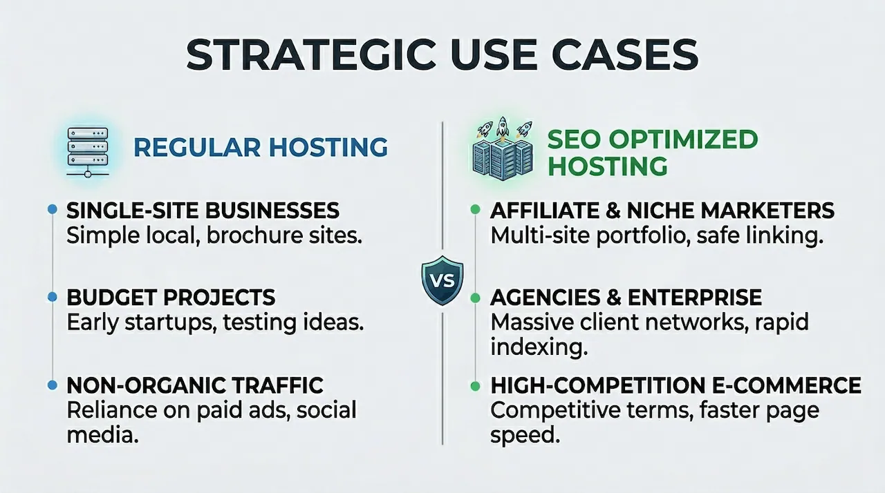 A clean comparative graphic highlighting the ideal use cases for regular hosting versus SEO optimized hosting.