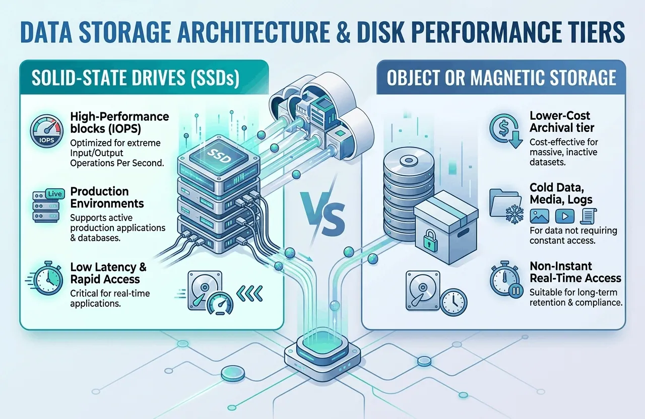 Infographic comparing SSDs and object magnetic storage tiers for CoHosta.