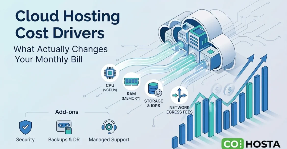 Diagram showing cloud hosting cost drivers and add-ons.