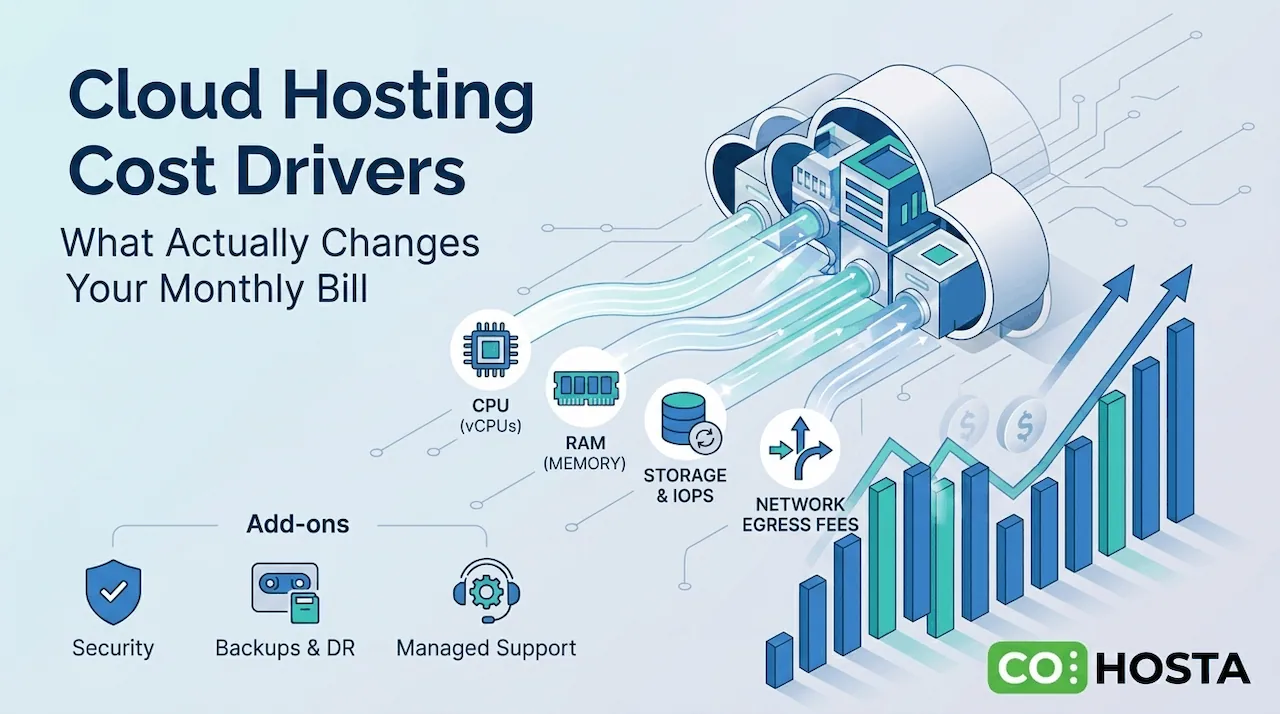 Diagram showing cloud hosting cost drivers and add-ons.