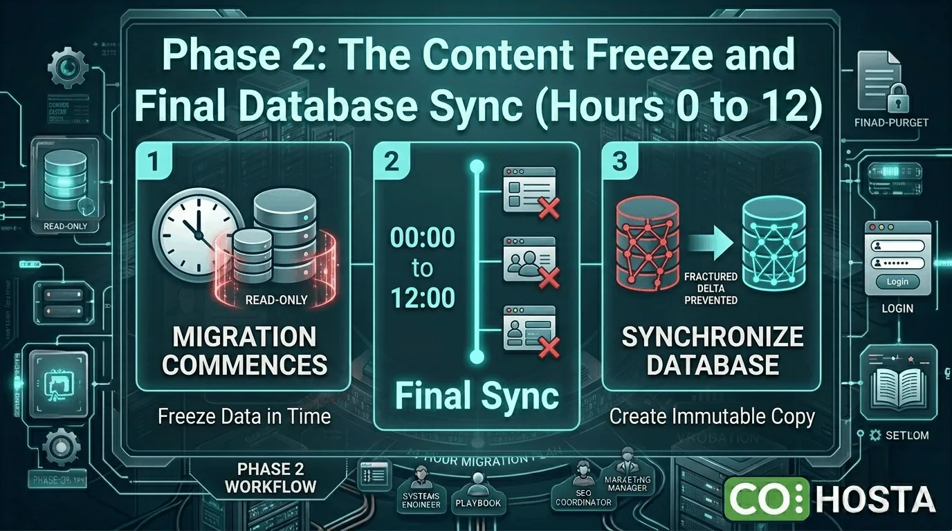 A technical infographic showing Phase 2 of a website migration plan: Content Freeze and Final Database Sync (Hours 0 to 12).