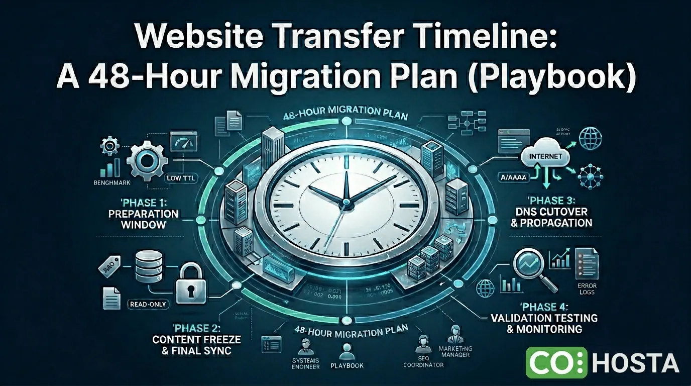 Detailed technical infographic of a 48-hour website migration plan.